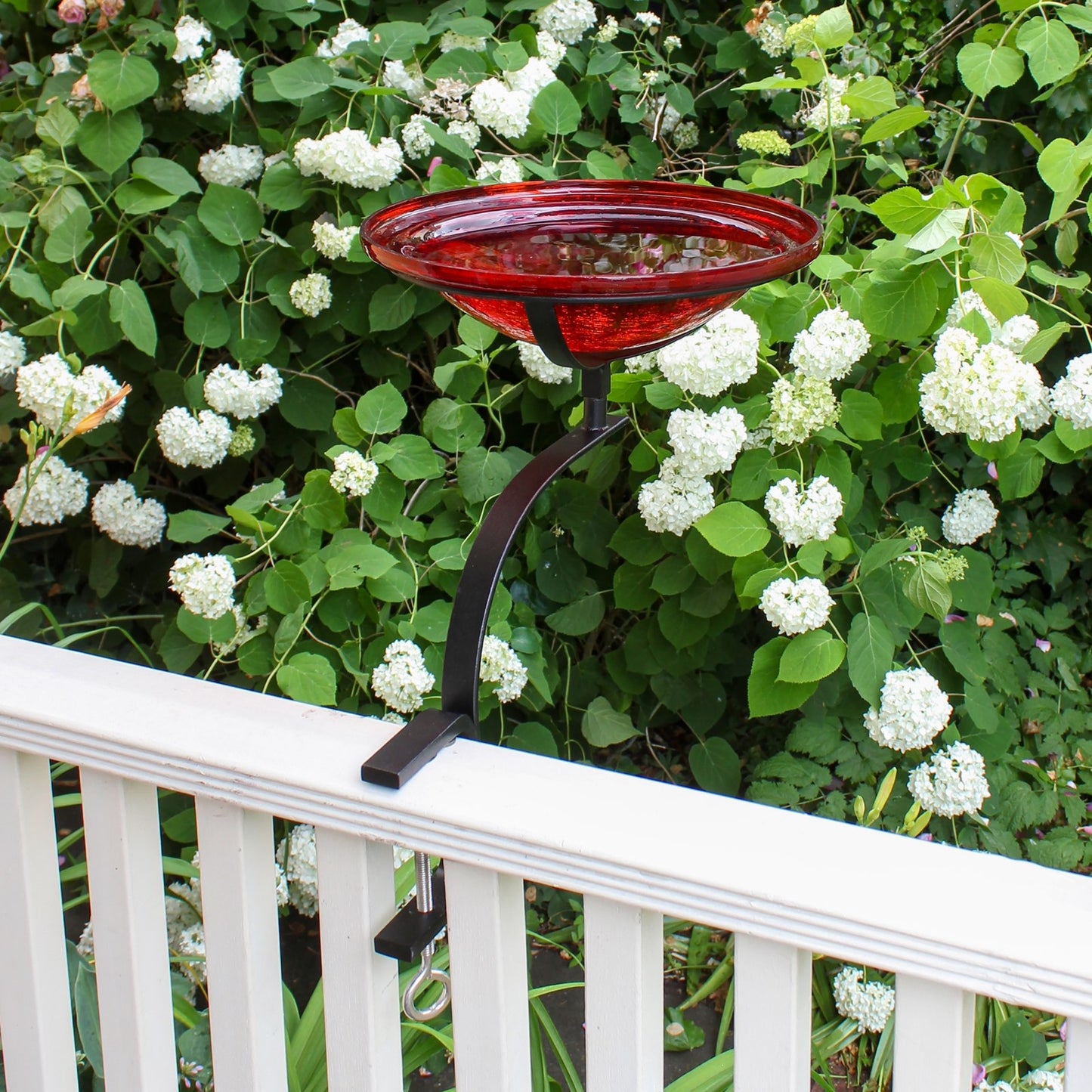 ACHLA 12in Crackle Glass Birdbath | Red Hand-Blown Glass Bowl on Black Wrought Iron Rail Bracket | Deck, Porch & Balcony | Model CGB-09R-RM