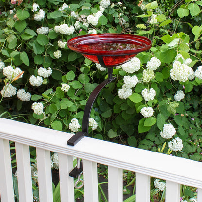 ACHLA 12in Crackle Glass Birdbath | Red Hand-Blown Glass Bowl on Black Wrought Iron Rail Bracket | Deck, Porch & Balcony | Model CGB-09R-RM