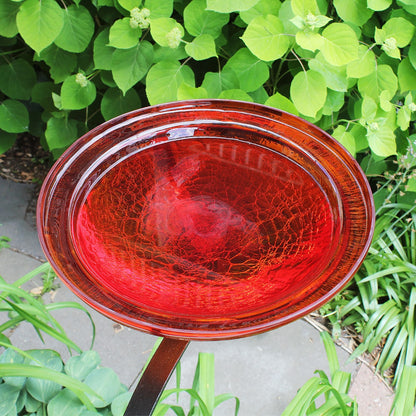 ACHLA 12in Crackle Glass Birdbath | Red Hand-Blown Glass Bowl on Black Wrought Iron Rail Bracket | Deck, Porch & Balcony | Model CGB-09R-RM
