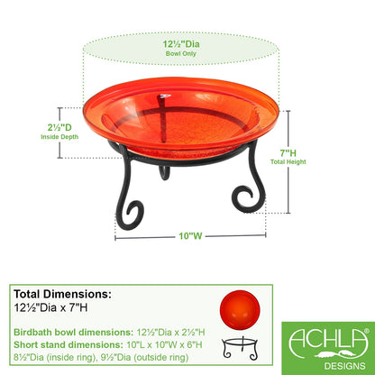 ACHLA 12in Crackle Glass Birdbath with Short Stand | Tomato Red Hand-Blown Glass & Wrought Iron | Garden Patio & Tabletop | Model CGB-09R-S1