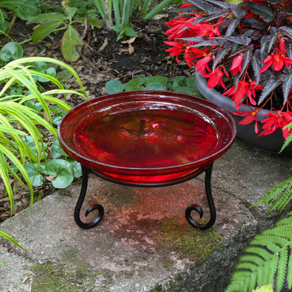 ACHLA 12in Crackle Glass Birdbath with Short Stand | Tomato Red Hand-Blown Glass & Wrought Iron | Garden Patio & Tabletop | Model CGB-09R-S1