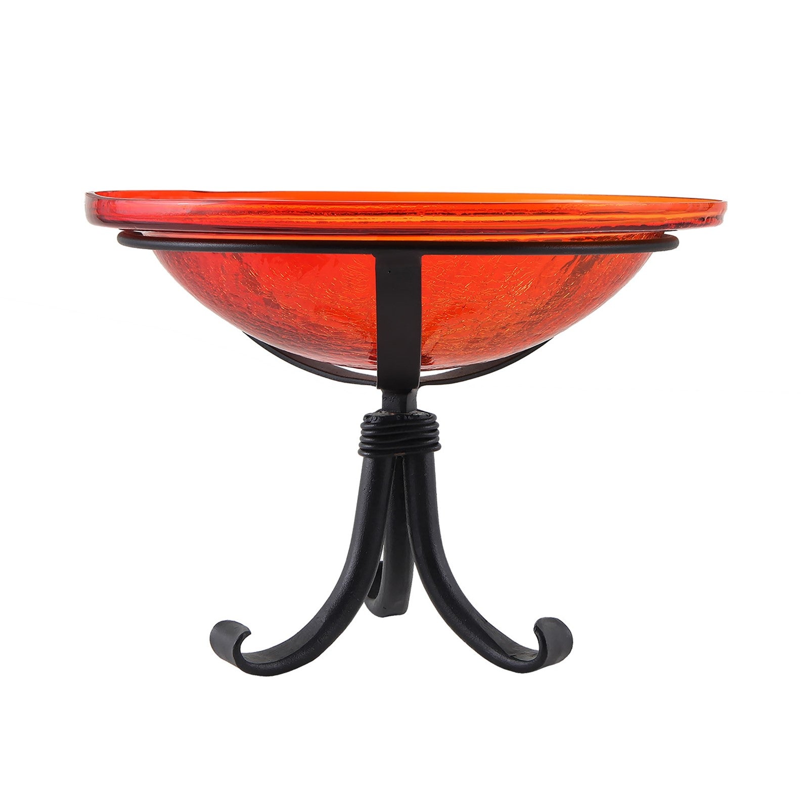 ACHLA 12in Crackle Glass Birdbath with Tripod Stand | Red Hand-Blown Glass and Black Wrought Iron | Garden & Patio Accent | Model CGB-09R-TR