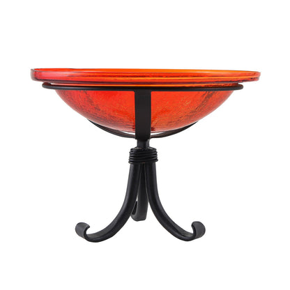 ACHLA 12in Crackle Glass Birdbath with Tripod Stand | Red Hand-Blown Glass and Black Wrought Iron | Garden & Patio Accent | Model CGB-09R-TR