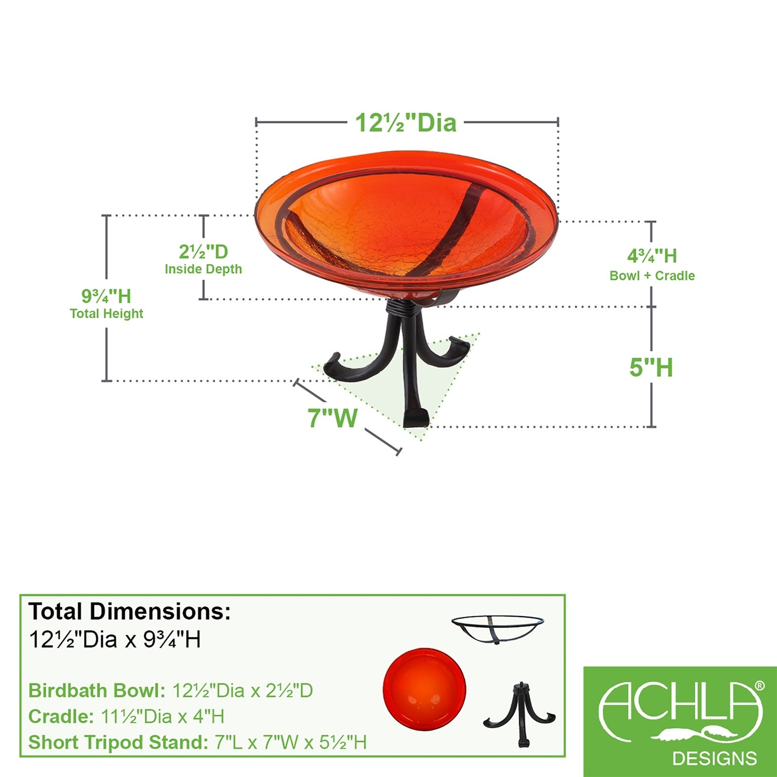ACHLA 12in Crackle Glass Birdbath with Tripod Stand | Red Hand-Blown Glass and Black Wrought Iron | Garden & Patio Accent | Model CGB-09R-TR