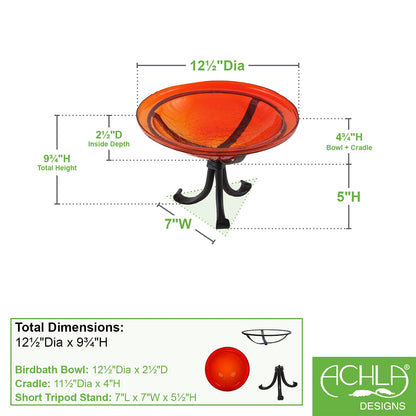 ACHLA 12in Crackle Glass Birdbath with Tripod Stand | Red Hand-Blown Glass and Black Wrought Iron | Garden & Patio Accent | Model CGB-09R-TR