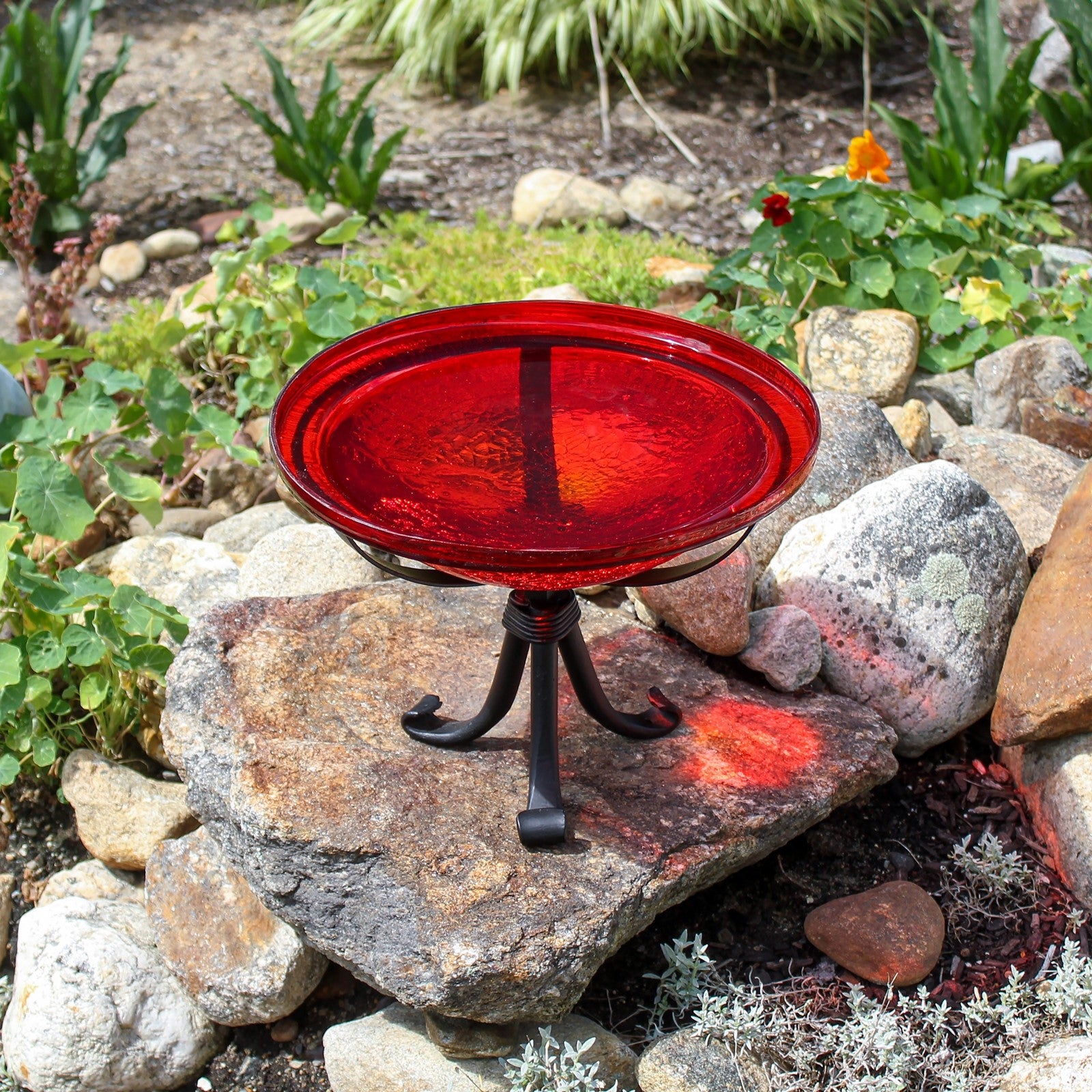 ACHLA 12in Crackle Glass Birdbath with Tripod Stand | Red Hand-Blown Glass and Black Wrought Iron | Garden & Patio Accent | Model CGB-09R-TR
