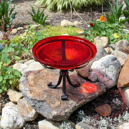 ACHLA 12in Crackle Glass Birdbath with Tripod Stand | Red Hand-Blown Glass and Black Wrought Iron | Garden & Patio Accent | Model CGB-09R-TR