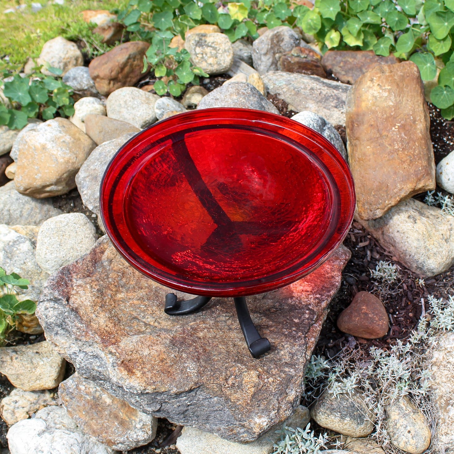 ACHLA 12in Crackle Glass Birdbath with Tripod Stand | Red Hand-Blown Glass and Black Wrought Iron | Garden & Patio Accent | Model CGB-09R-TR