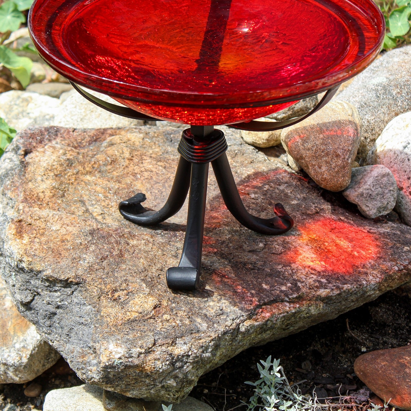 ACHLA 12in Crackle Glass Birdbath with Tripod Stand | Red Hand-Blown Glass and Black Wrought Iron | Garden & Patio Accent | Model CGB-09R-TR