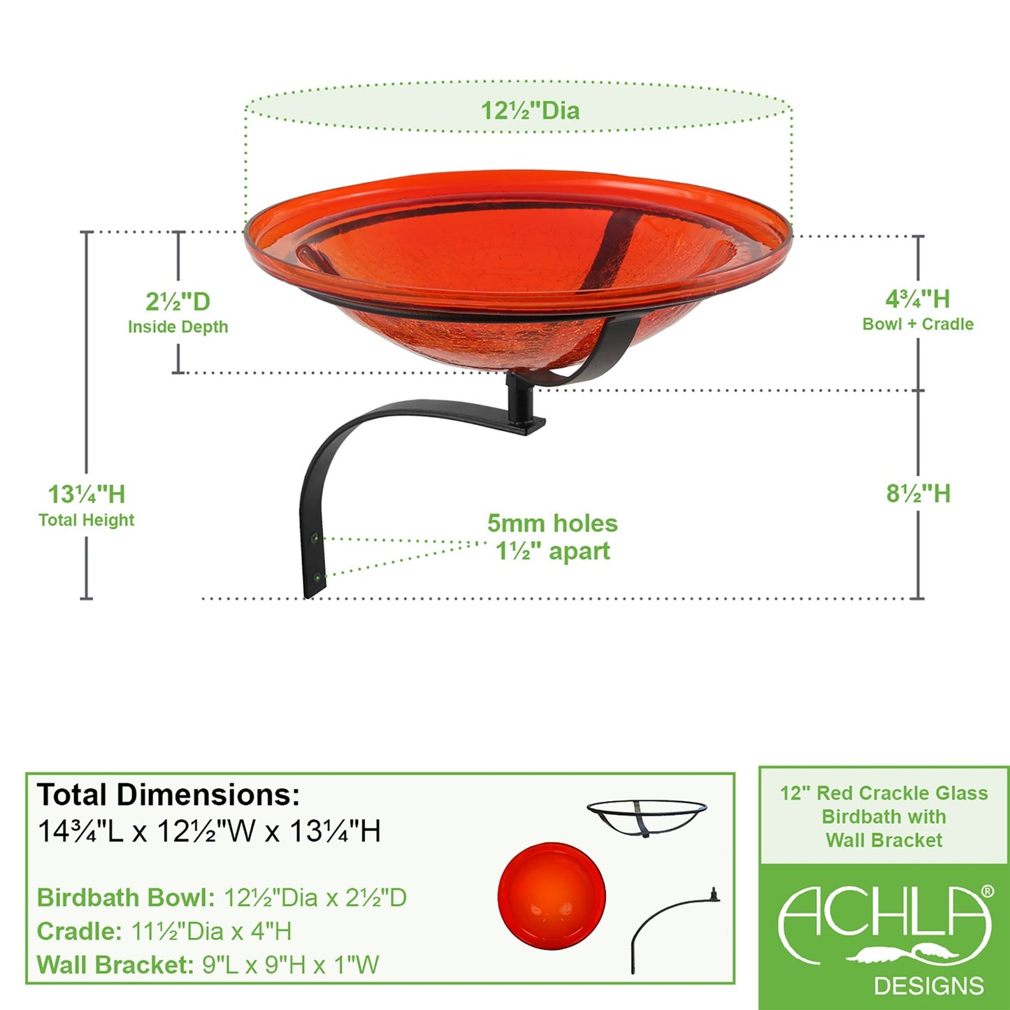 ACHLA 12in Crackle Glass Birdbath | Hand-Blown Red Glass with Black Wrought Iron Bracket | Garden & Patio Bird Bath | 12.5 x 12.5 x | Model CGB-09R-WM