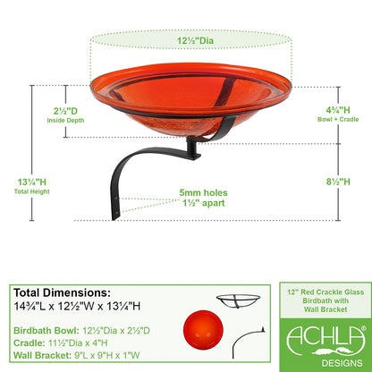 ACHLA 12in Crackle Glass Birdbath | Hand-Blown Red Glass with Black Wrought Iron Bracket | Garden & Patio Bird Bath | 12.5 x 12.5 x | Model CGB-09R-WM