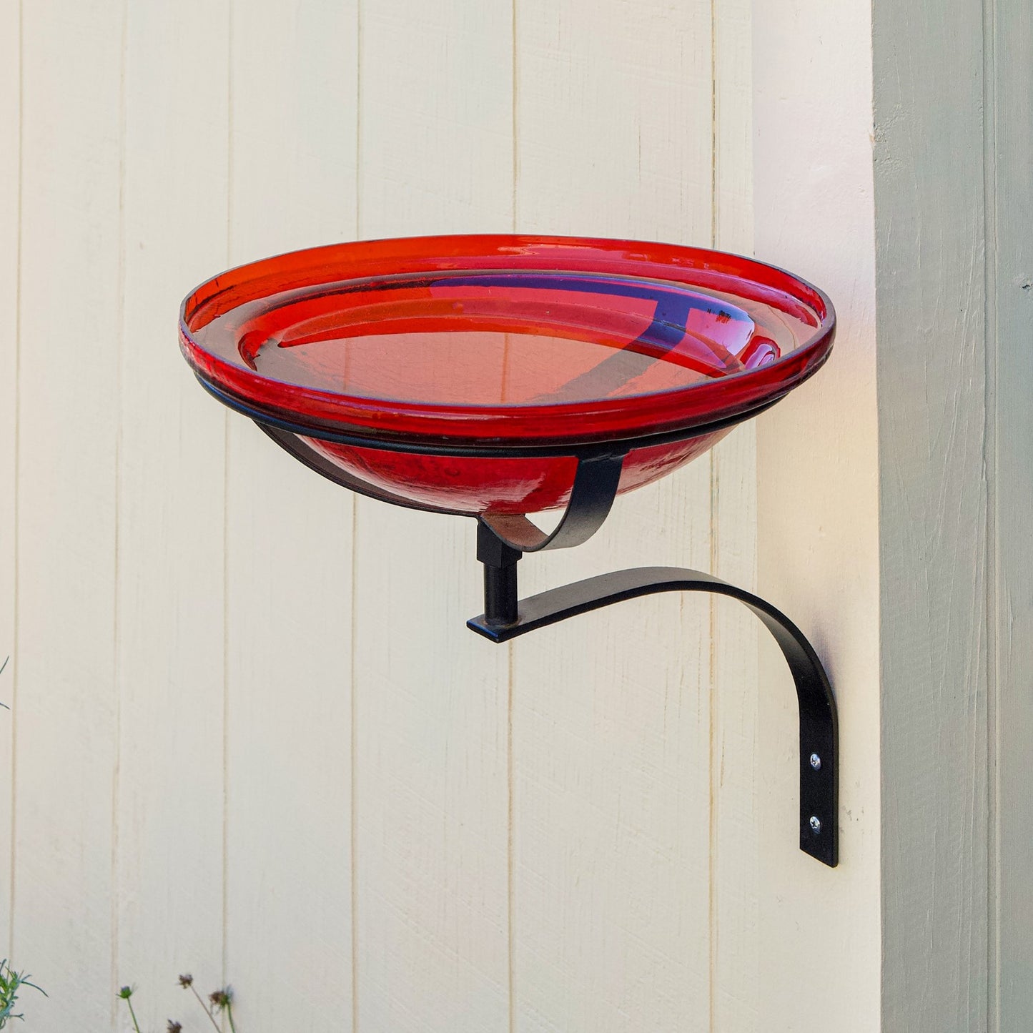 ACHLA 12in Crackle Glass Birdbath | Hand-Blown Red Glass with Black Wrought Iron Bracket | Garden & Patio Bird Bath | 12.5 x 12.5 x | Model CGB-09R-WM