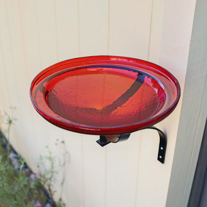 ACHLA 12in Crackle Glass Birdbath | Hand-Blown Red Glass with Black Wrought Iron Bracket | Garden & Patio Bird Bath | 12.5 x 12.5 x | Model CGB-09R-WM