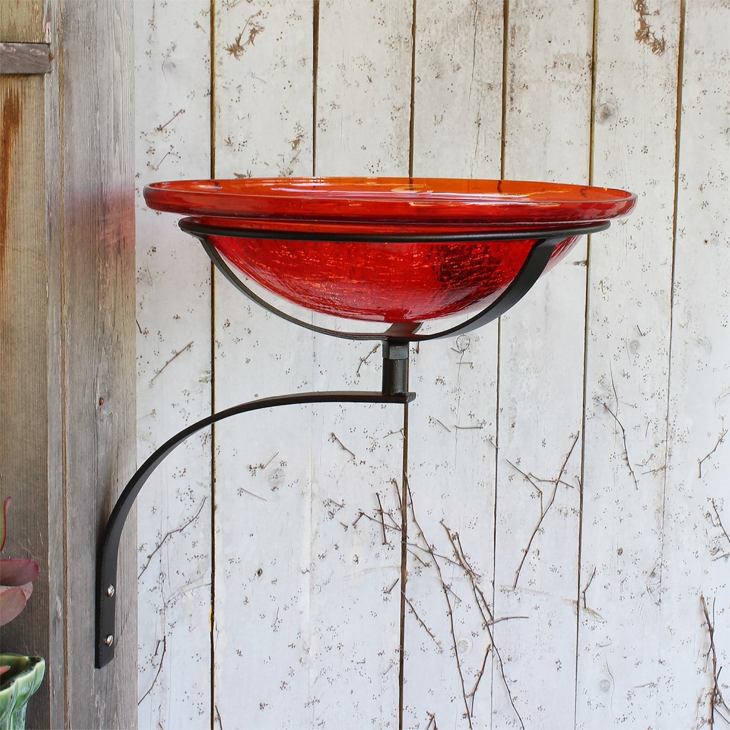 ACHLA 12in Crackle Glass Birdbath | Hand-Blown Red Glass with Black Wrought Iron Bracket | Garden & Patio Bird Bath | 12.5 x 12.5 x | Model CGB-09R-WM