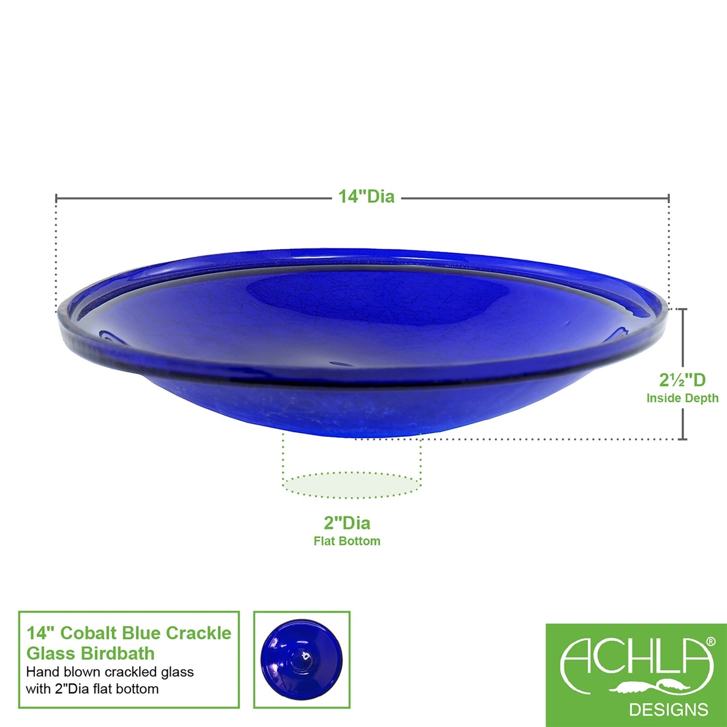 ACHLA 14in Cobalt Blue Crackle Glass Decorative Bowl | Handcrafted Art Glass | Patio & Garden Accent | 13.75 x 13.75 x 2.5 in | Model CGB-14CB