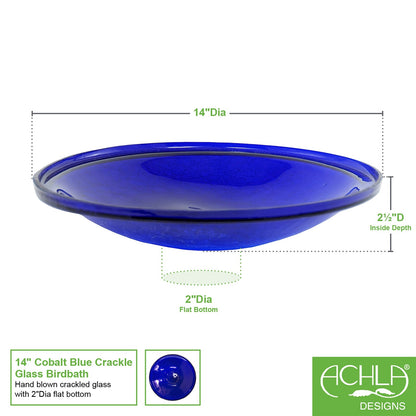 ACHLA 14in Cobalt Blue Crackle Glass Decorative Bowl | Handcrafted Art Glass | Patio & Garden Accent | 13.75 x 13.75 x 2.5 in | Model CGB-14CB