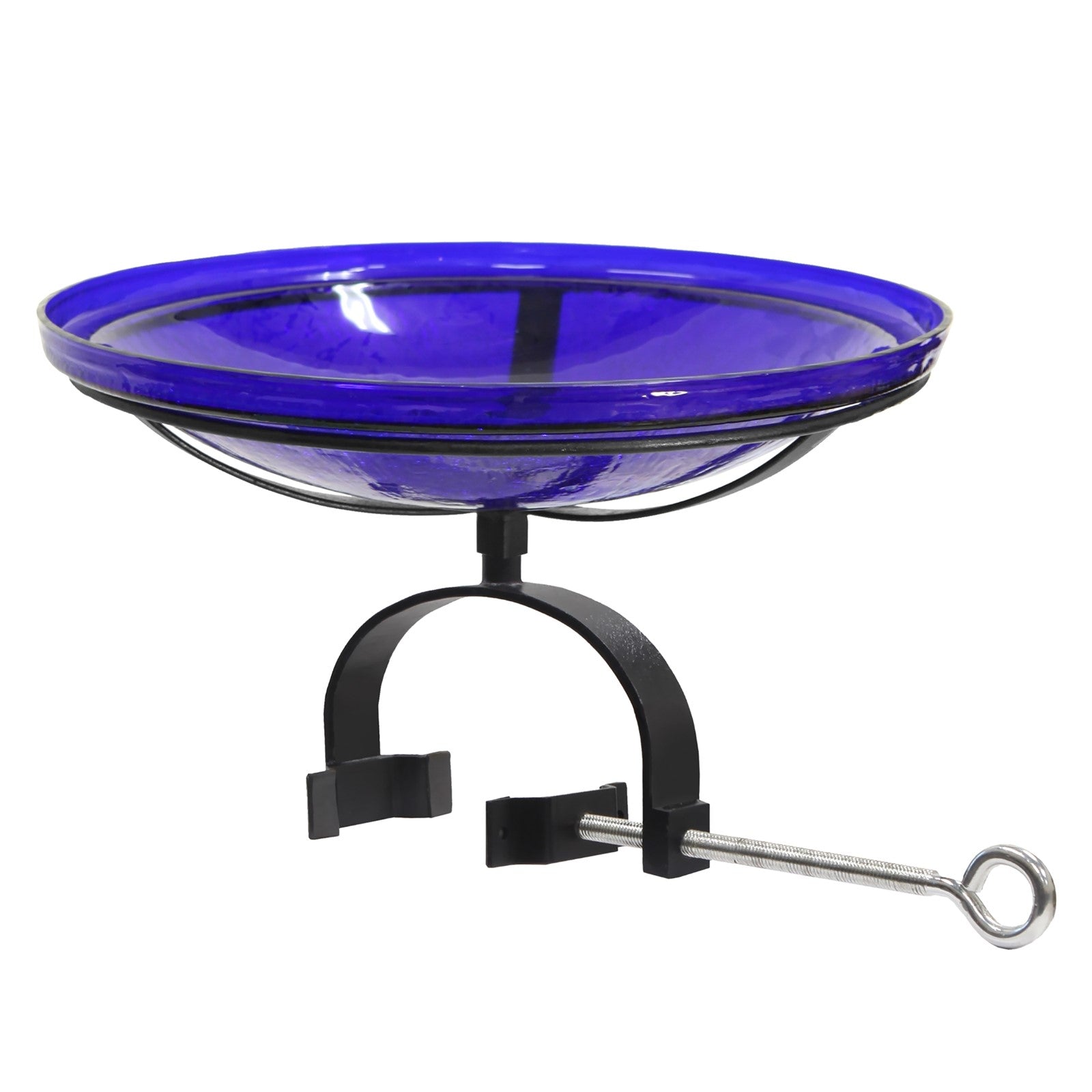 ACHLA Crackle Glass Birdbath Over Rail Bracket | Cobalt Blue Hand-Blown Glass and Black Wrought Iron | Deck & Balcony Bird Bath | Model CGB-14CB-OR2