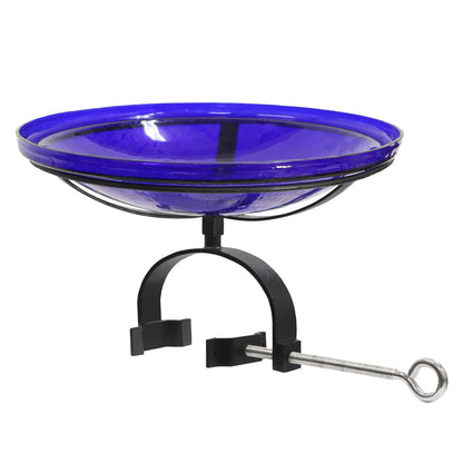 ACHLA Crackle Glass Birdbath Over Rail Bracket | Cobalt Blue Hand-Blown Glass and Black Wrought Iron | Deck & Balcony Bird Bath | Model CGB-14CB-OR2