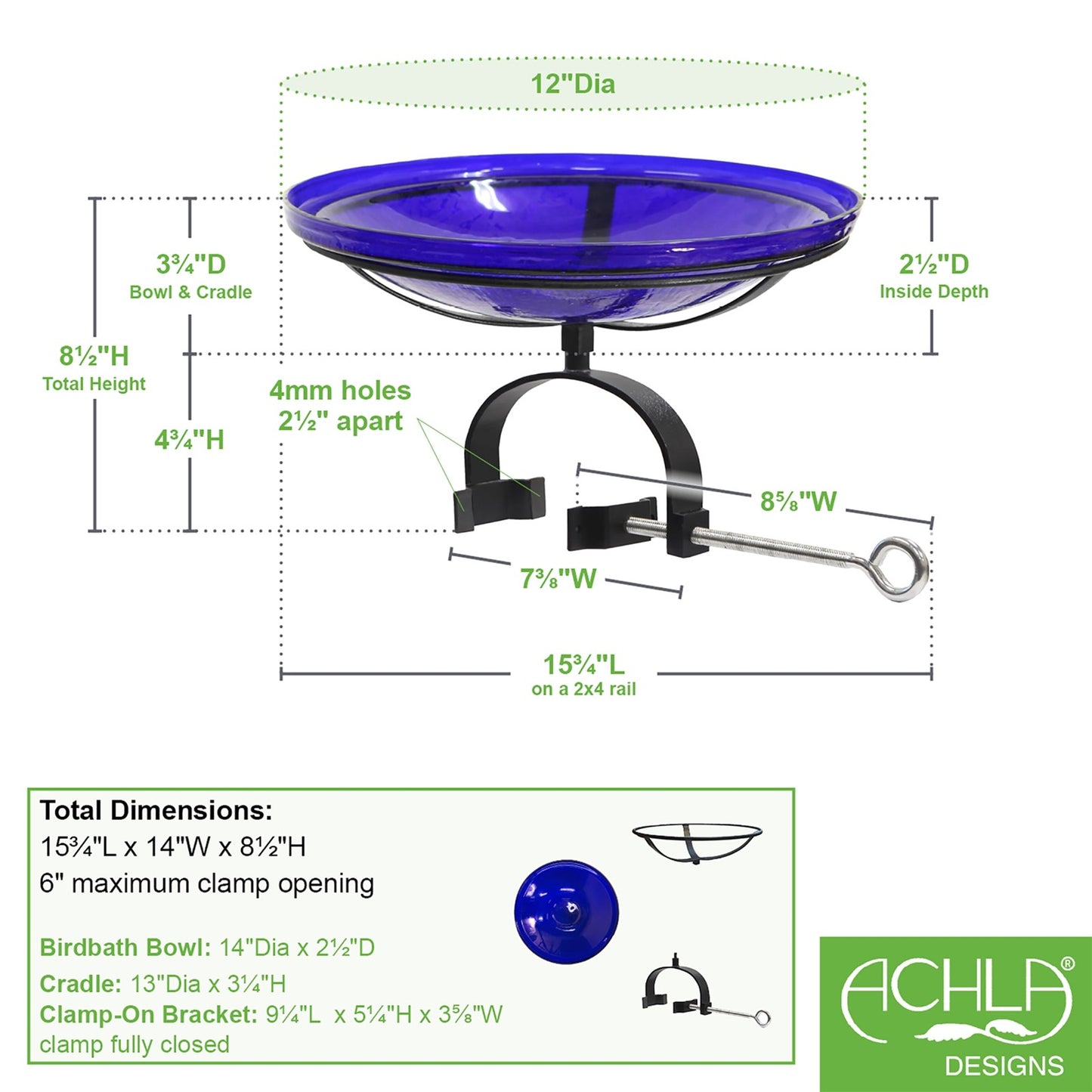 ACHLA Crackle Glass Birdbath Over Rail Bracket | Cobalt Blue Hand-Blown Glass and Black Wrought Iron | Deck & Balcony Bird Bath | Model CGB-14CB-OR2