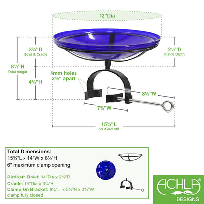 ACHLA Crackle Glass Birdbath Over Rail Bracket | Cobalt Blue Hand-Blown Glass and Black Wrought Iron | Deck & Balcony Bird Bath | Model CGB-14CB-OR2