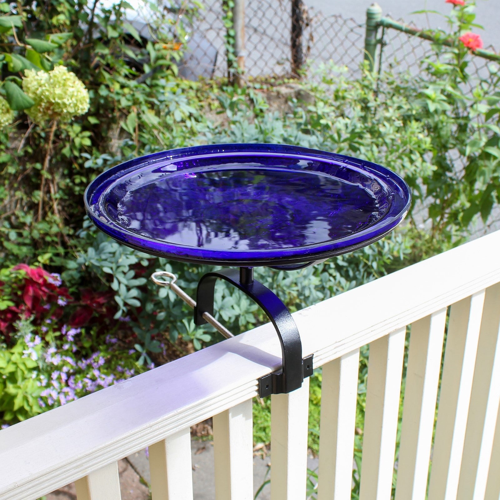 ACHLA Crackle Glass Birdbath Over Rail Bracket | Cobalt Blue Hand-Blown Glass and Black Wrought Iron | Deck & Balcony Bird Bath | Model CGB-14CB-OR2