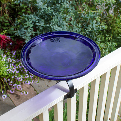 ACHLA Crackle Glass Birdbath Over Rail Bracket | Cobalt Blue Hand-Blown Glass and Black Wrought Iron | Deck & Balcony Bird Bath | Model CGB-14CB-OR2
