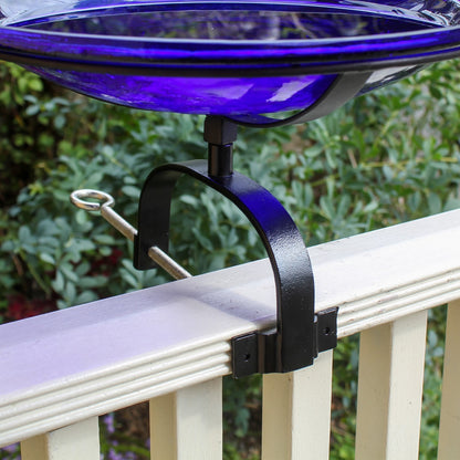 ACHLA Crackle Glass Birdbath Over Rail Bracket | Cobalt Blue Hand-Blown Glass and Black Wrought Iron | Deck & Balcony Bird Bath | Model CGB-14CB-OR2