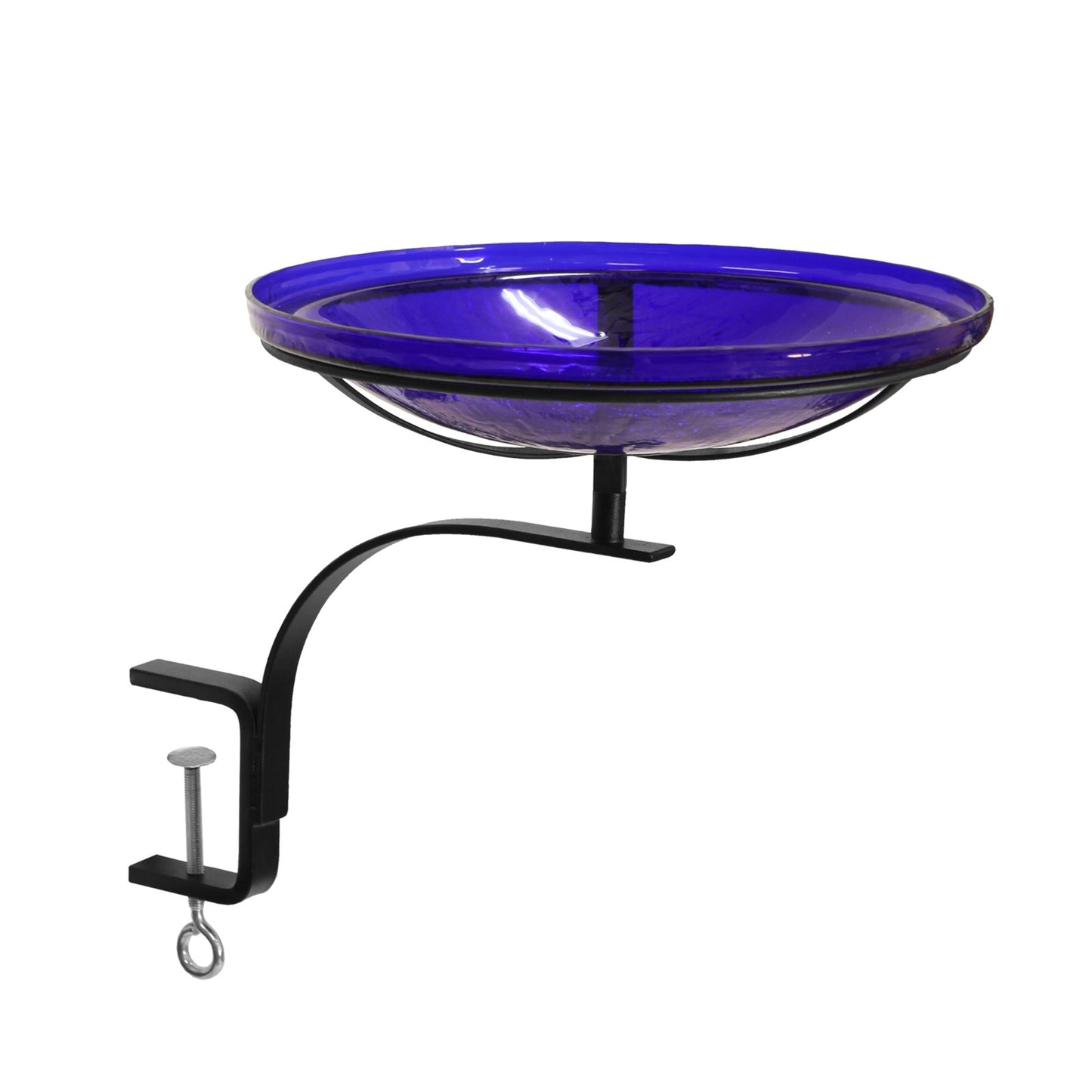 ACHLA 14in Crackle Glass Birdbath | Cobalt Blue Hand-Blown Glass Bowl on Black Wrought Iron Rail Mount Bracket | Deck, Balcony & | Model CGB-14CB-RM
