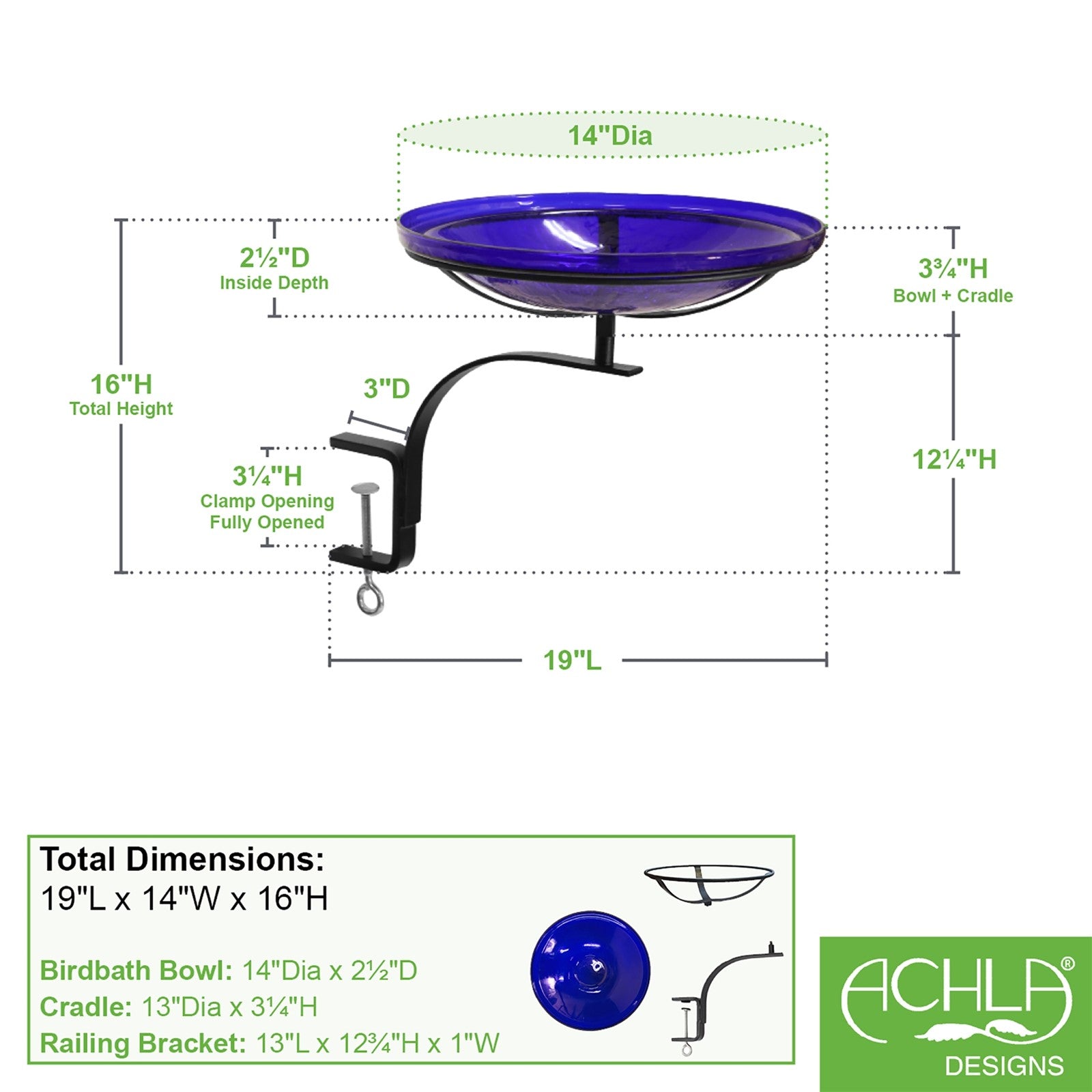ACHLA 14in Crackle Glass Birdbath | Cobalt Blue Hand-Blown Glass Bowl on Black Wrought Iron Rail Mount Bracket | Deck, Balcony & | Model CGB-14CB-RM