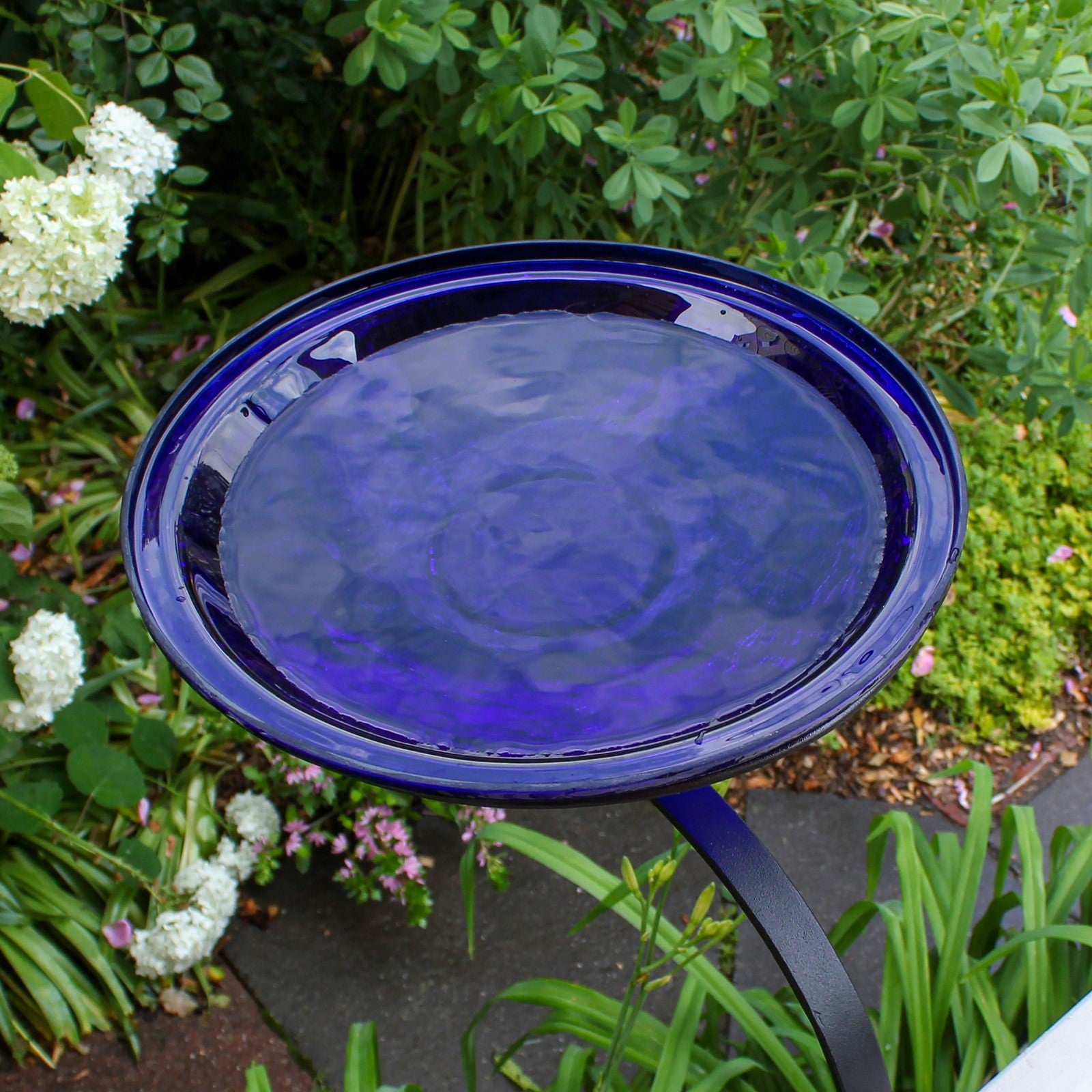 ACHLA 14in Crackle Glass Birdbath | Cobalt Blue Hand-Blown Glass Bowl on Black Wrought Iron Rail Mount Bracket | Deck, Balcony & | Model CGB-14CB-RM