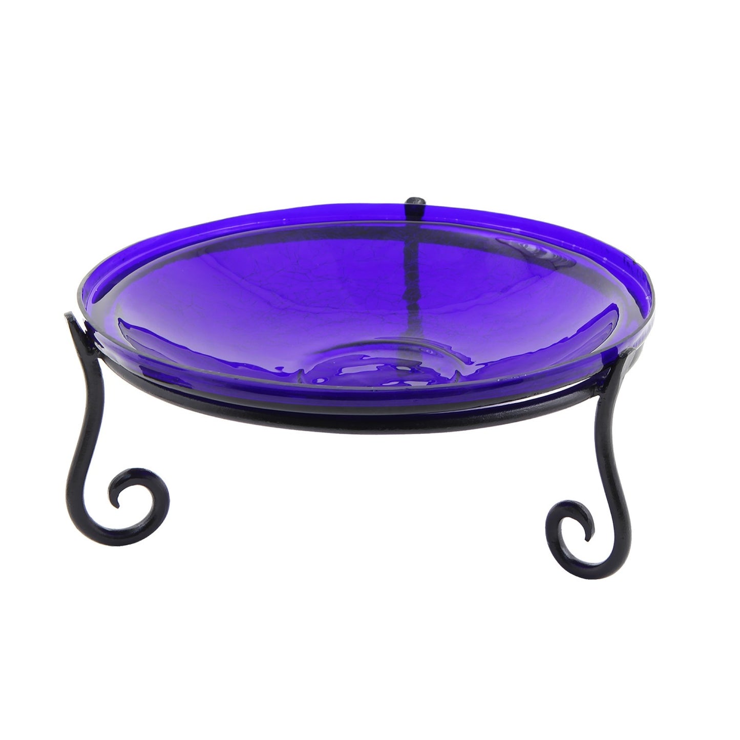 ACHLA 14in Crackle Birdbath with Short Stand | Cobalt Blue Glass Bowl on Black Wrought Iron Base | Garden & Patio Tabletop Accent | Model CGB-14CB-S2