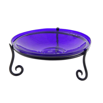 ACHLA 14in Crackle Birdbath with Short Stand | Cobalt Blue Glass Bowl on Black Wrought Iron Base | Garden & Patio Tabletop Accent | Model CGB-14CB-S2