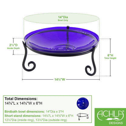 ACHLA 14in Crackle Birdbath with Short Stand | Cobalt Blue Glass Bowl on Black Wrought Iron Base | Garden & Patio Tabletop Accent | Model CGB-14CB-S2