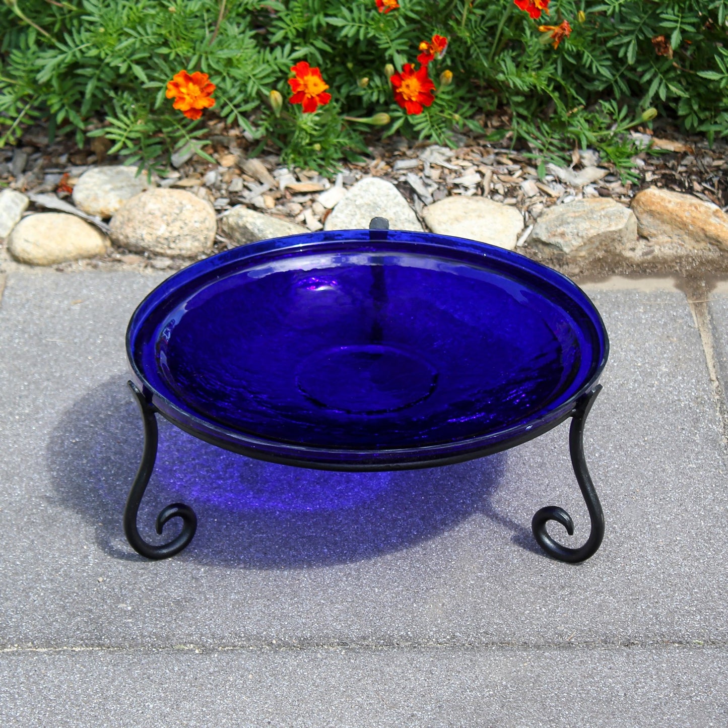 ACHLA 14in Crackle Birdbath with Short Stand | Cobalt Blue Glass Bowl on Black Wrought Iron Base | Garden & Patio Tabletop Accent | Model CGB-14CB-S2