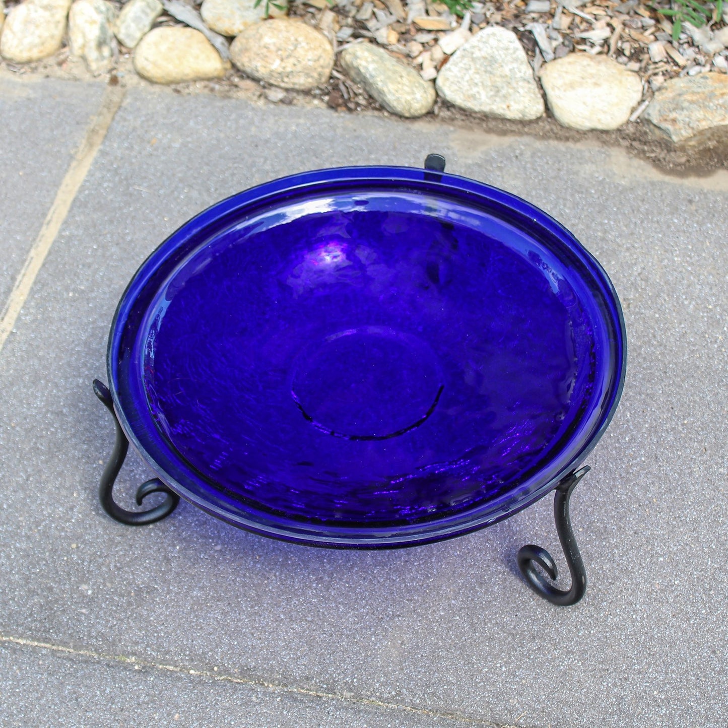 ACHLA 14in Crackle Birdbath with Short Stand | Cobalt Blue Glass Bowl on Black Wrought Iron Base | Garden & Patio Tabletop Accent | Model CGB-14CB-S2