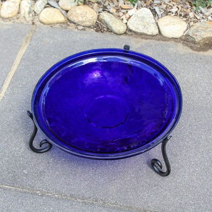 ACHLA 14in Crackle Birdbath with Short Stand | Cobalt Blue Glass Bowl on Black Wrought Iron Base | Garden & Patio Tabletop Accent | Model CGB-14CB-S2