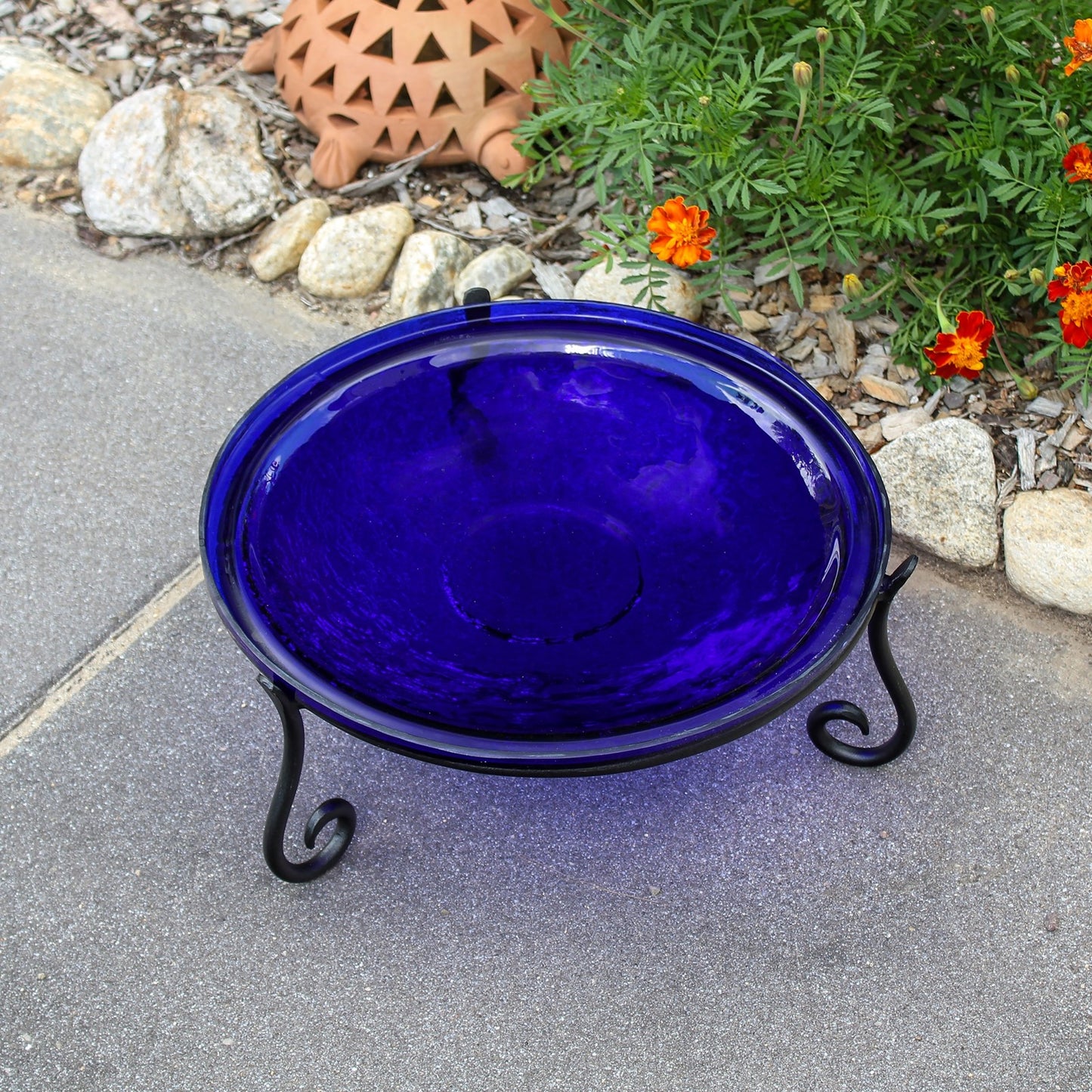 ACHLA 14in Crackle Birdbath with Short Stand | Cobalt Blue Glass Bowl on Black Wrought Iron Base | Garden & Patio Tabletop Accent | Model CGB-14CB-S2