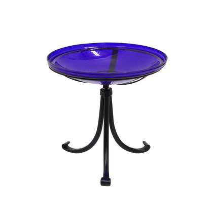 ACHLA Crackle Glass Birdbath with Tripod Stand | Cobalt Blue Glass and Black Wrought Iron | Small Garden & Tabletop Bird Bath | Model CGB-14CB-TR2