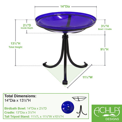 ACHLA Crackle Glass Birdbath with Tripod Stand | Cobalt Blue Glass and Black Wrought Iron | Small Garden & Tabletop Bird Bath | Model CGB-14CB-TR2