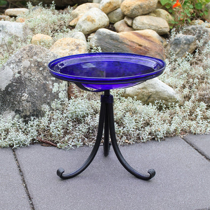 ACHLA Crackle Glass Birdbath with Tripod Stand | Cobalt Blue Glass and Black Wrought Iron | Small Garden & Tabletop Bird Bath | Model CGB-14CB-TR2