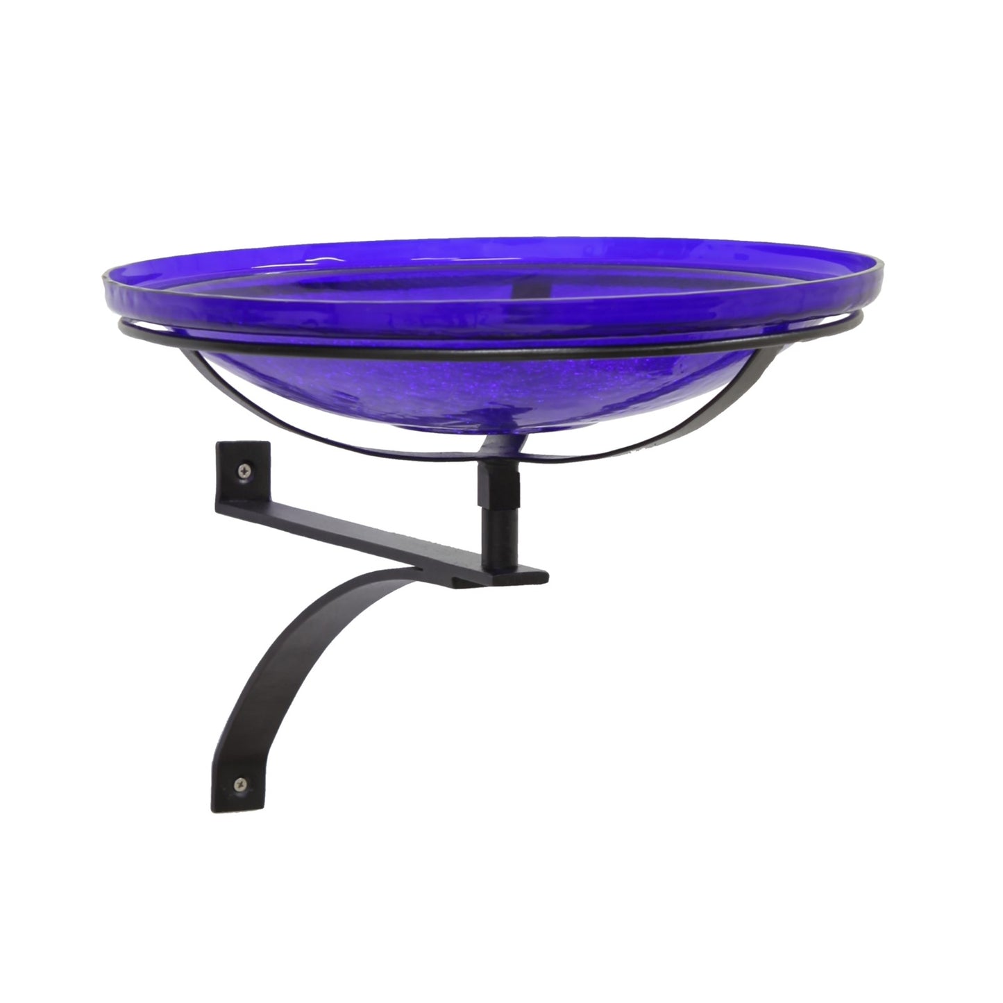 ACHLA Crackle Glass Birdbath with Wall Bracket | Cobalt Blue Hand-Blown Glass and Black Wrought Iron | Porch, Fence & Deck Bird | Model CGB-14CB-WM2
