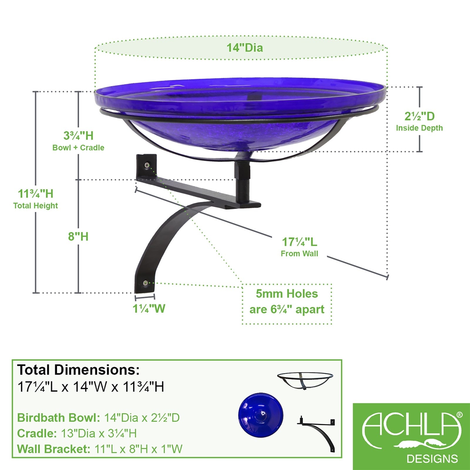 ACHLA Crackle Glass Birdbath with Wall Bracket | Cobalt Blue Hand-Blown Glass and Black Wrought Iron | Porch, Fence & Deck Bird | Model CGB-14CB-WM2