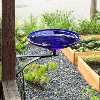 ACHLA Crackle Glass Birdbath with Wall Bracket | Cobalt Blue Hand-Blown Glass and Black Wrought Iron | Porch, Fence & Deck Bird | Model CGB-14CB-WM2