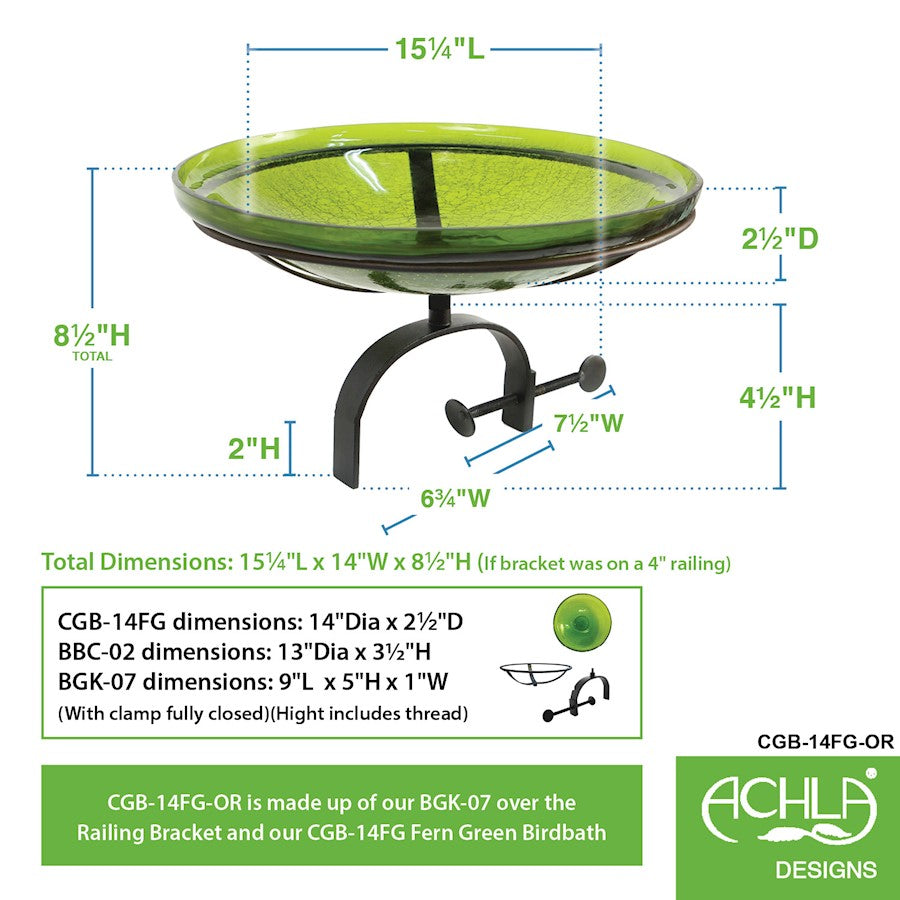 ACHLA 14" Crackle Bowl with Over Rail Bracket, Fern Green