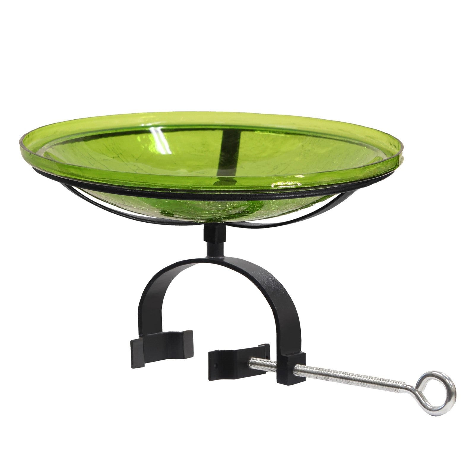 ACHLA Crackle Glass Birdbath with Over Rail Bracket | Fern Green Hand-Blown Glass and Black Wrought Iron | Deck, Balcony & Patio | Model CGB-14FG-OR2