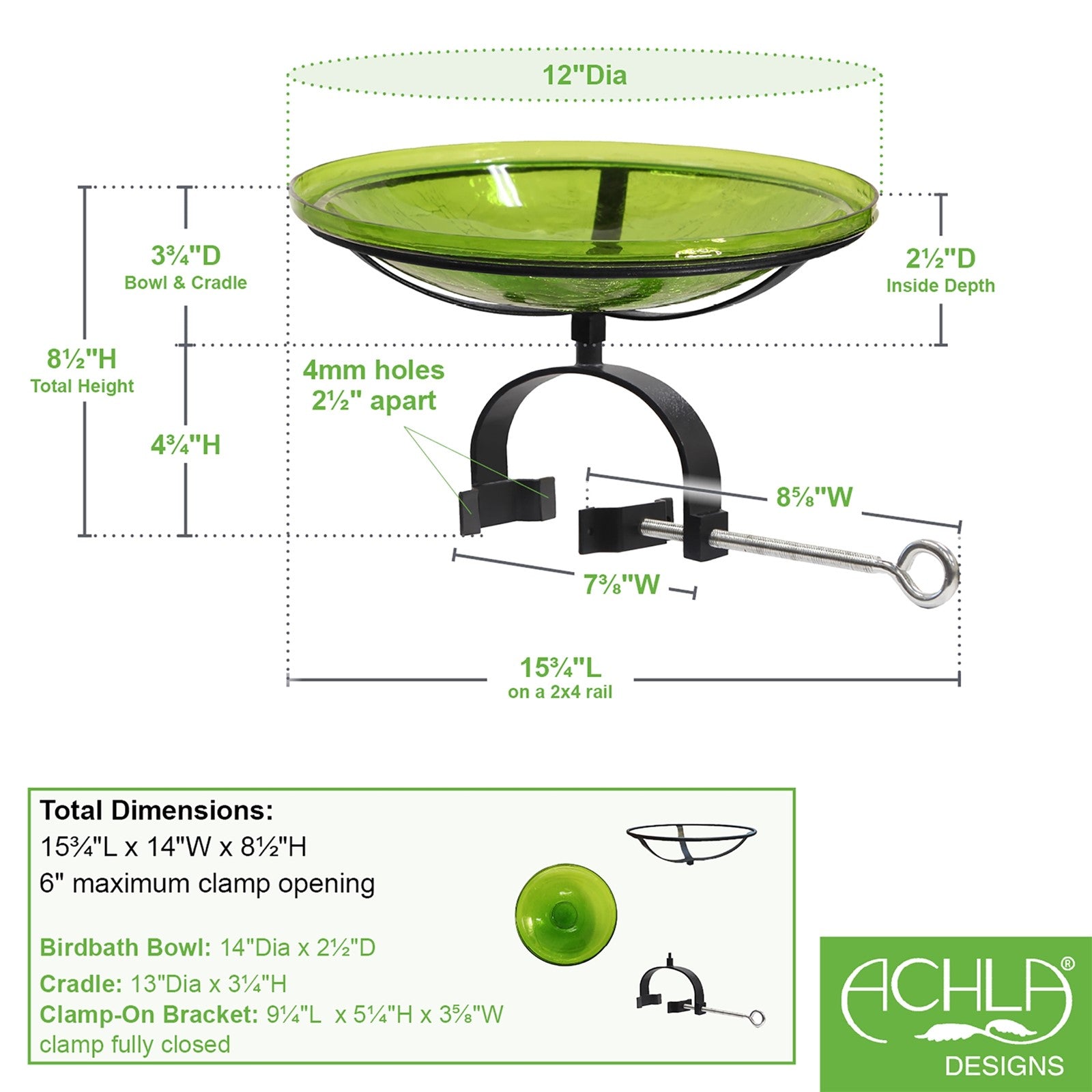 ACHLA Crackle Glass Birdbath with Over Rail Bracket | Fern Green Hand-Blown Glass and Black Wrought Iron | Deck, Balcony & Patio | Model CGB-14FG-OR2