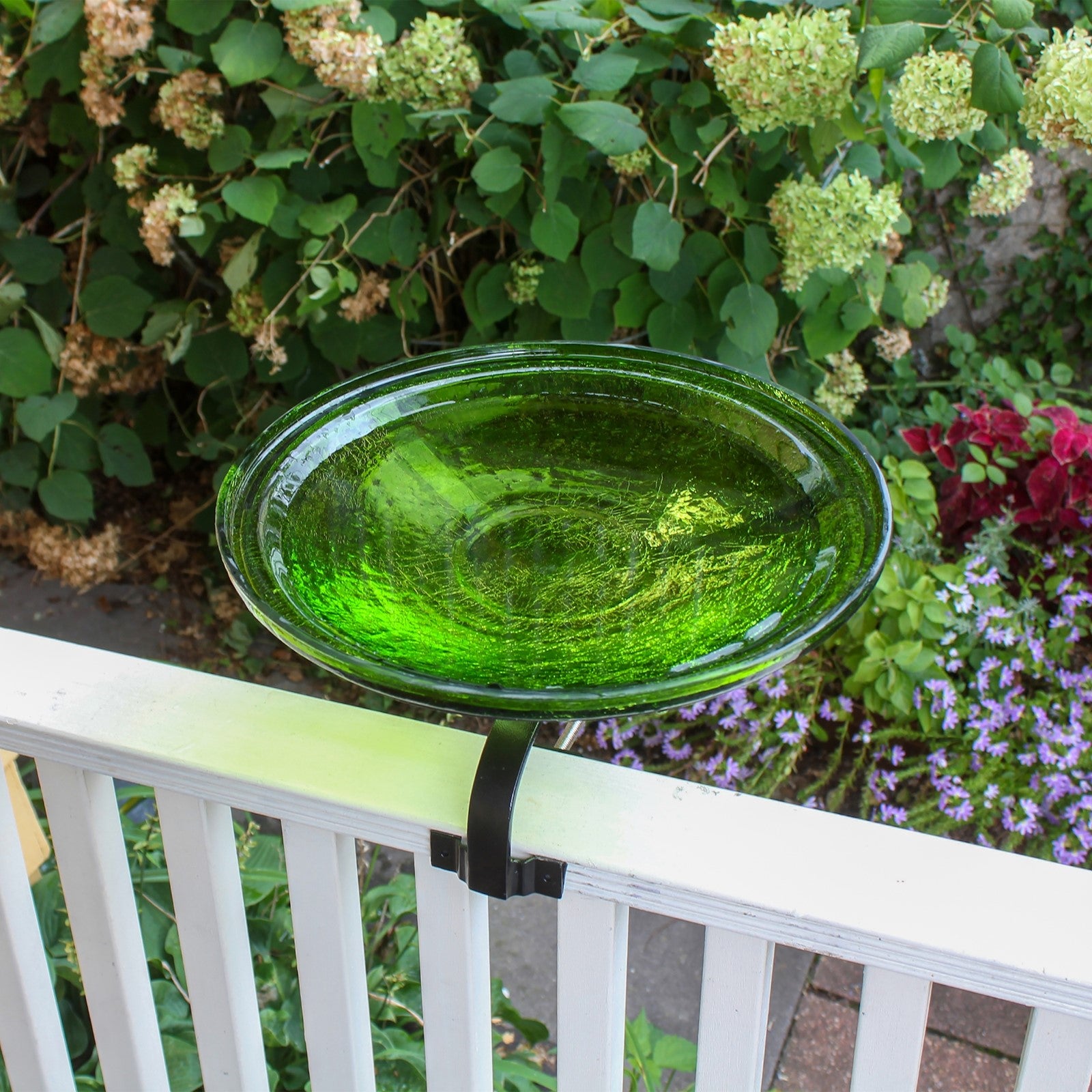 ACHLA Crackle Glass Birdbath with Over Rail Bracket | Fern Green Hand-Blown Glass and Black Wrought Iron | Deck, Balcony & Patio | Model CGB-14FG-OR2