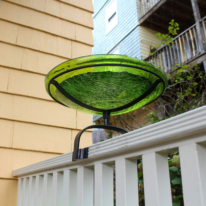 ACHLA Crackle Glass Birdbath with Over Rail Bracket | Fern Green Hand-Blown Glass and Black Wrought Iron | Deck, Balcony & Patio | Model CGB-14FG-OR2