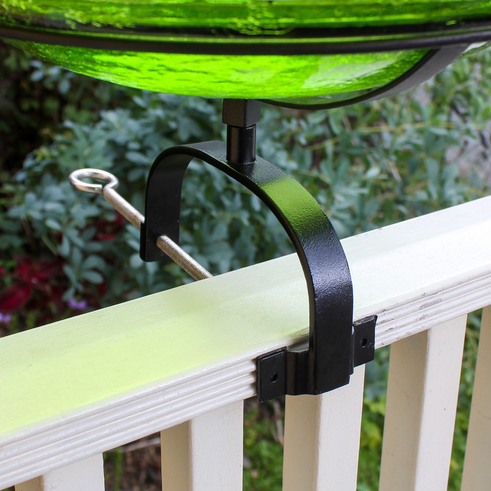 ACHLA Crackle Glass Birdbath with Over Rail Bracket | Fern Green Hand-Blown Glass and Black Wrought Iron | Deck, Balcony & Patio | Model CGB-14FG-OR2