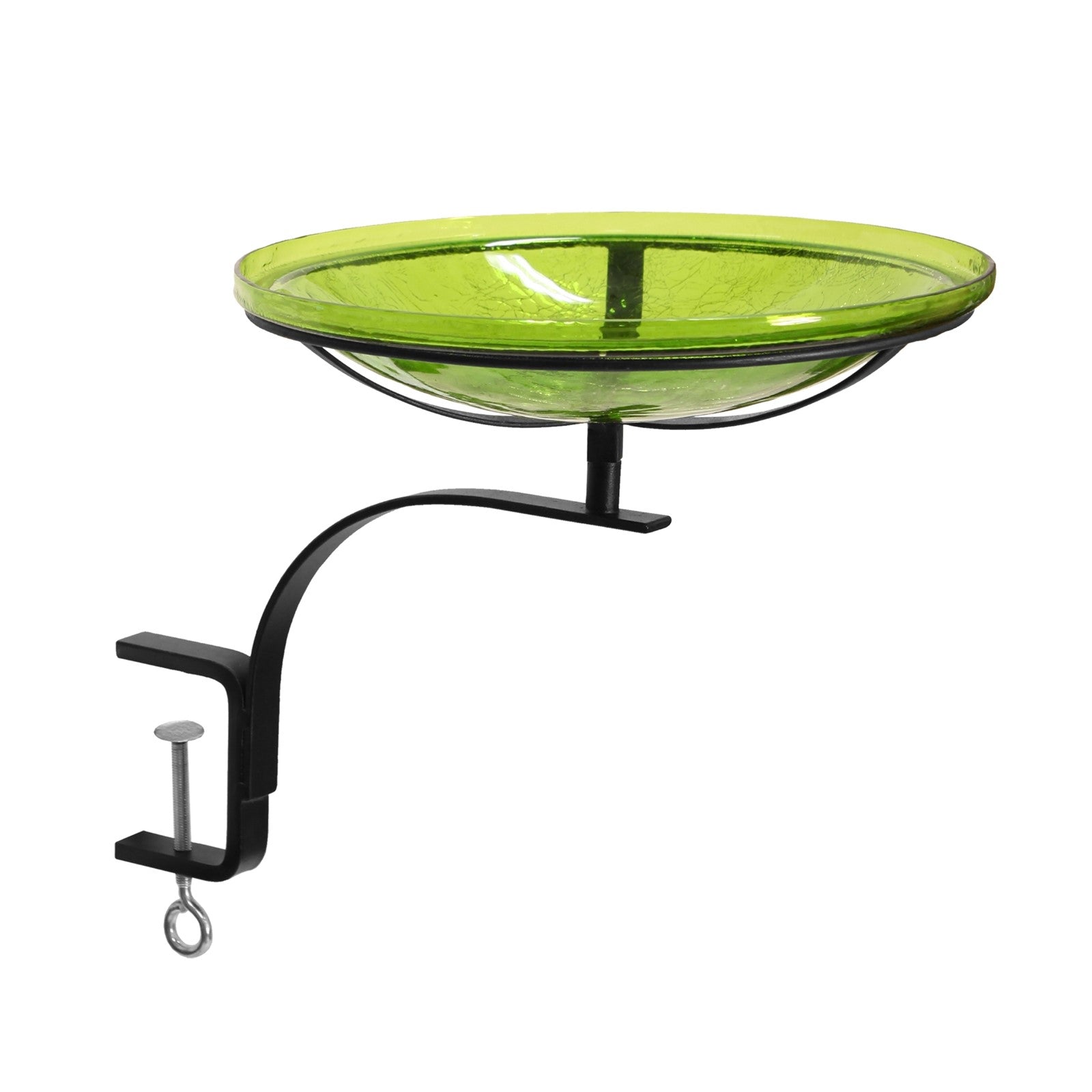 ACHLA 14in Crackle Glass Birdbath | Fern Green Hand-Blown Glass Bowl on Black Wrought Iron Rail Bracket | Deck & Balcony Bird Bath | Model CGB-14FG-RM